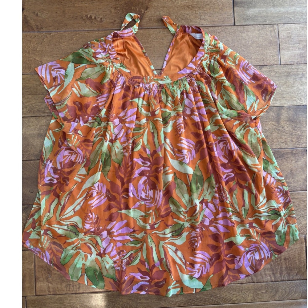 LC Lauren Conrad Women 2X Orange Tropical‎ Floral Flutter Sleeve Blouse Top